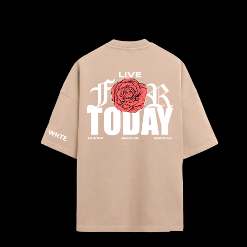 Whtewolf Oversized Unisex LIVE FOR TODAY Printed T-Shirt, Beige