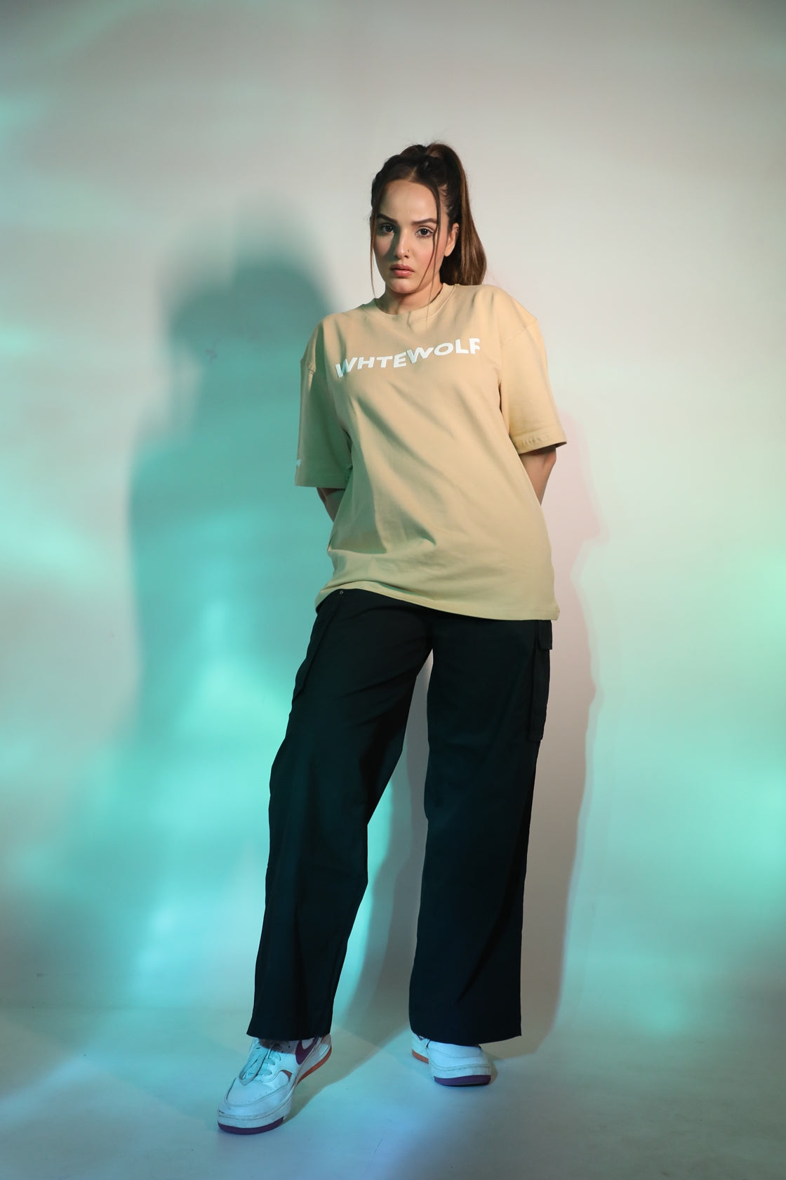 Whtewolf Oversized Unisex WICKED Printed T-Shirt, Beige
