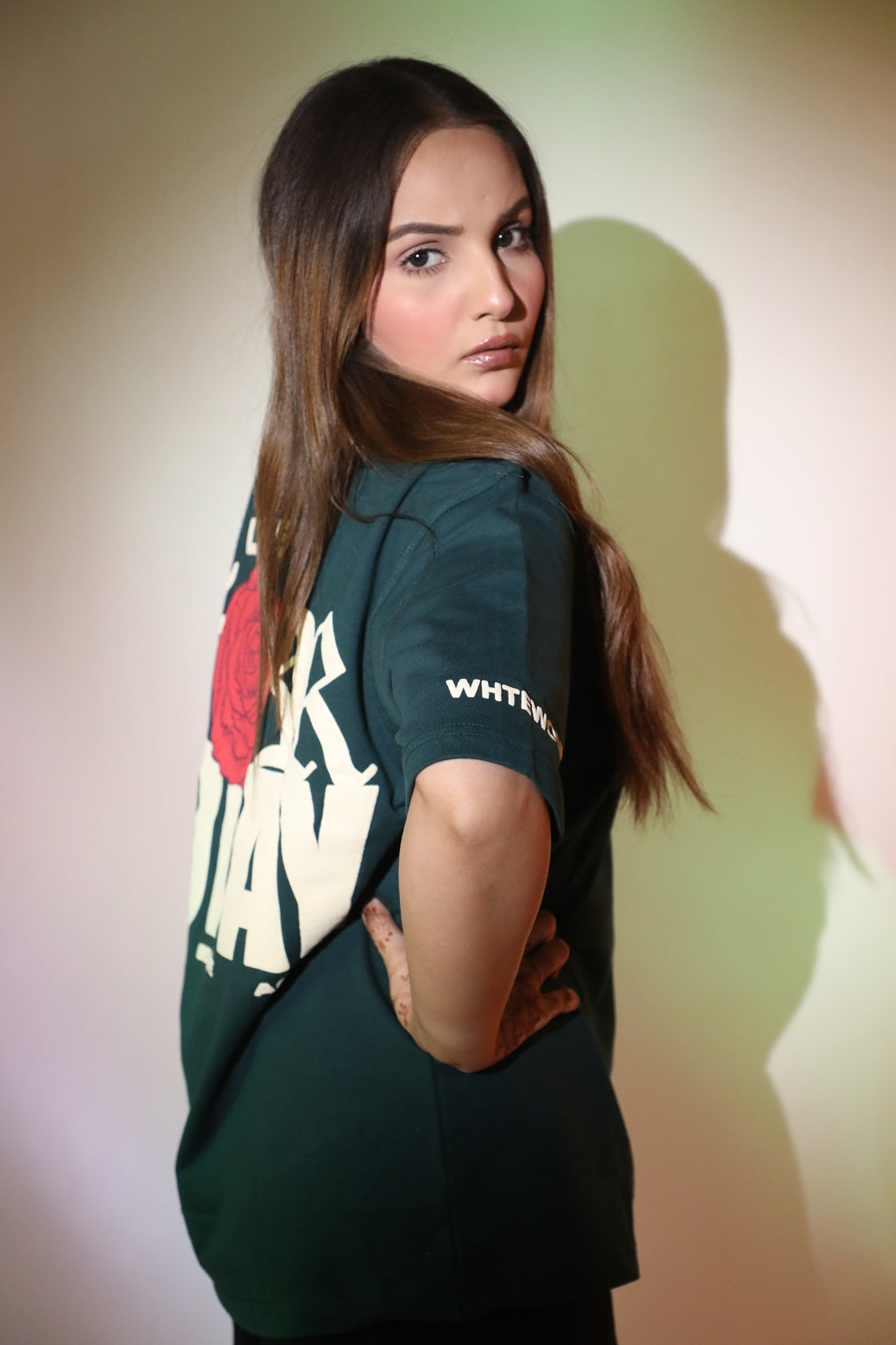 Whtewolf Oversized Unisex LIVE FOR TODAY Printed T-Shirt, Dark Green