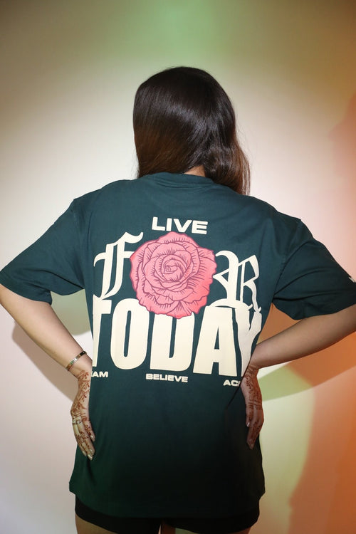 Whtewolf Oversized Unisex LIVE FOR TODAY Printed T-Shirt, Dark Green - Whtewolf - Pick Your Vibe